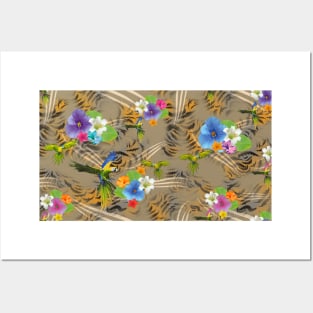 Colorful flowers and parrots with leopard skin texture Posters and Art